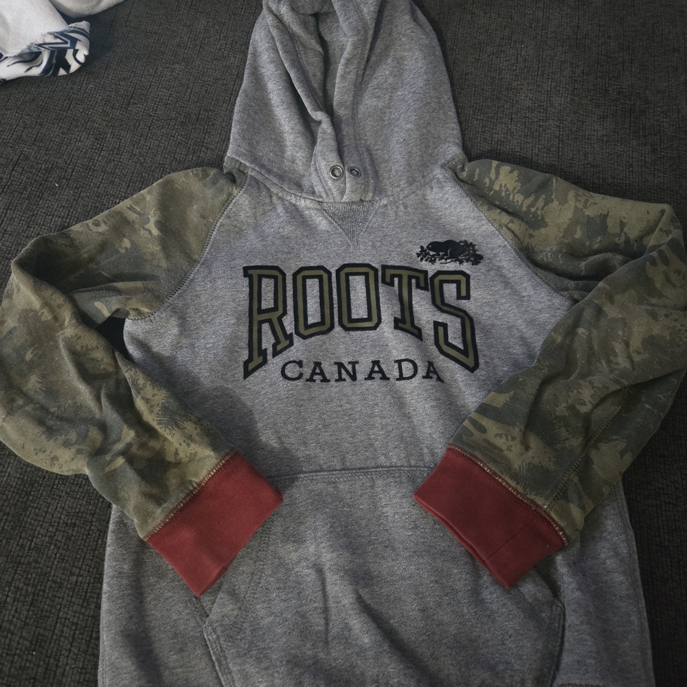 Roots Gray Hoodie with Camouflage and Red Accents